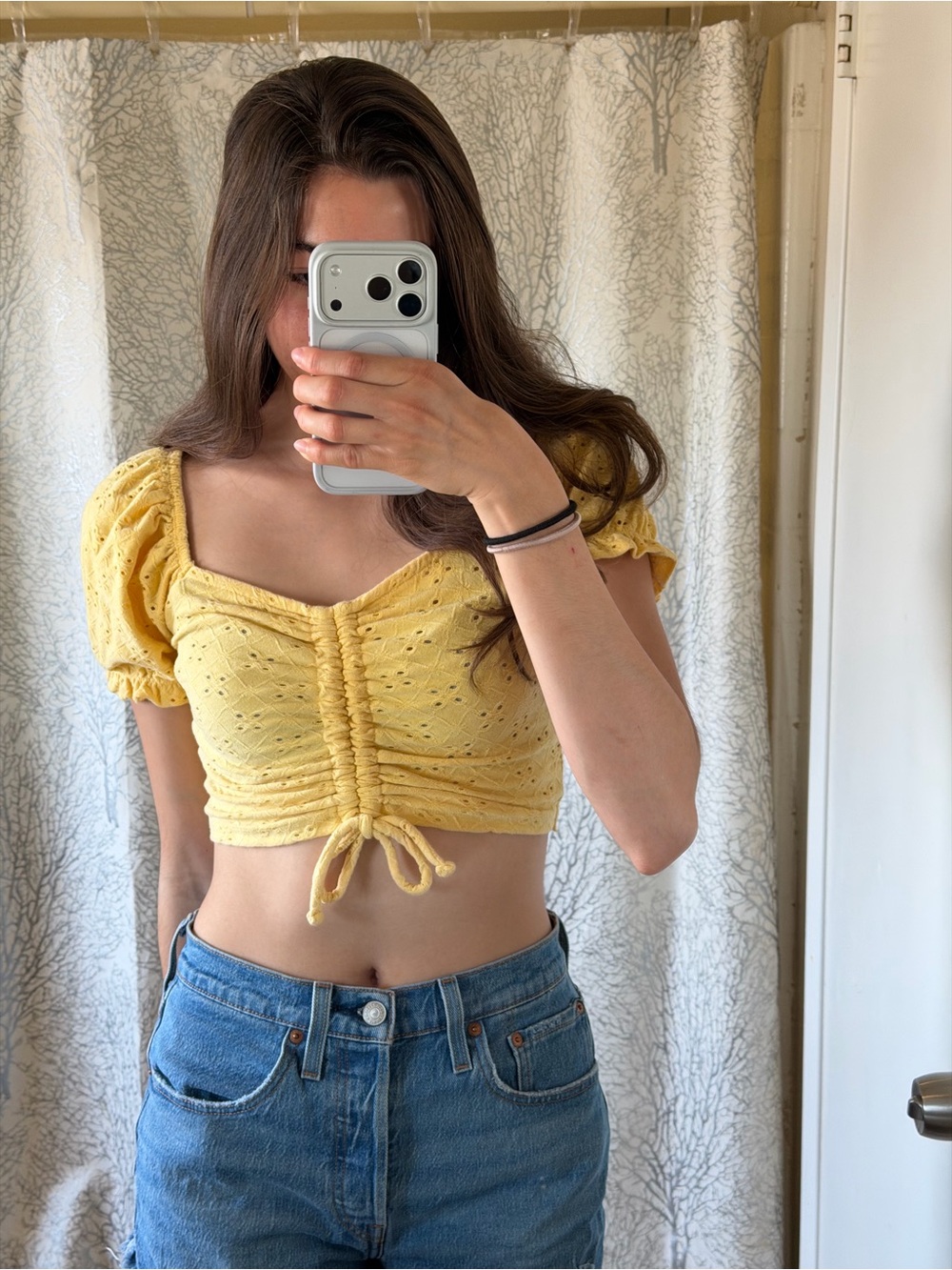 SO Yellow Eyelet Ruched Crop Top